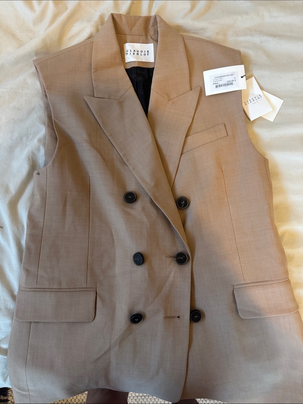 Claudie Pierlot Tan Double-Breasted Sleeveless Blazer